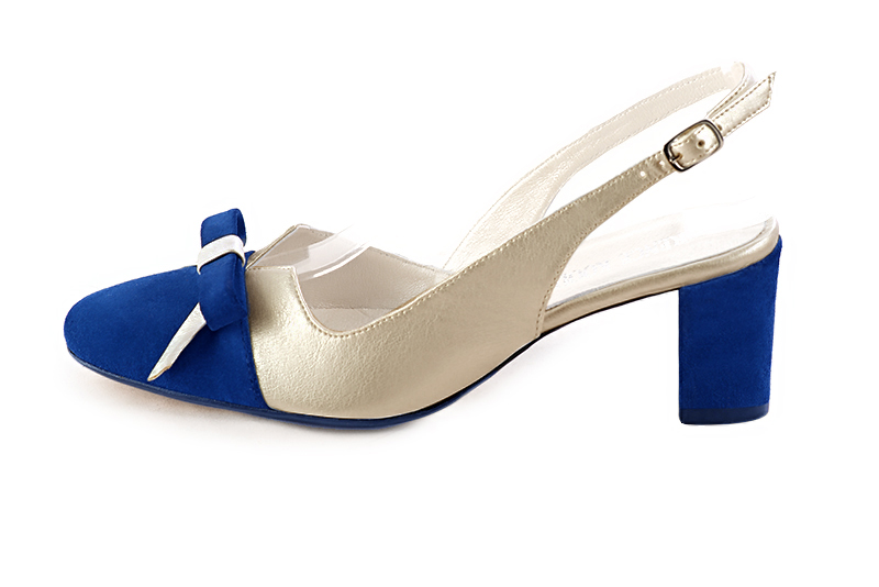 Electric blue and gold women's open back shoes, with a knot. Round toe. Medium block heels. Profile view - Florence KOOIJMAN